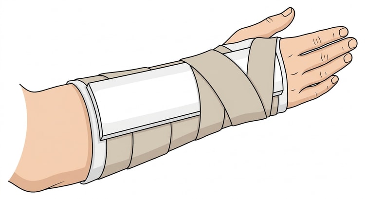 Underarm och hand med en vit gipsskena pÄ ovansidan frÄn nedanför armbÄgen till knogarna, fÀst med elastisk binda, med fria fingrar och fri tumme