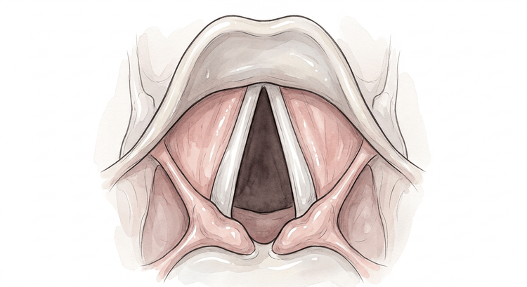 Laryngoskopisk vy av larynxingÄngen med epiglottis upptill, de vita stÀmbanden kring den triangulÀra glottisöppningen och arytenoidbrosken nedtill