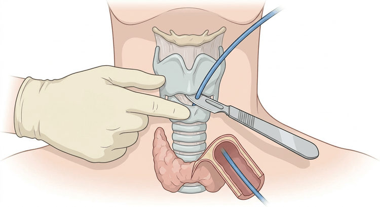 Halsens framsida med larynx fixerad av en hand, skalpell införd genom membrana cricothyroidea och en bougie på väg ned i trakea