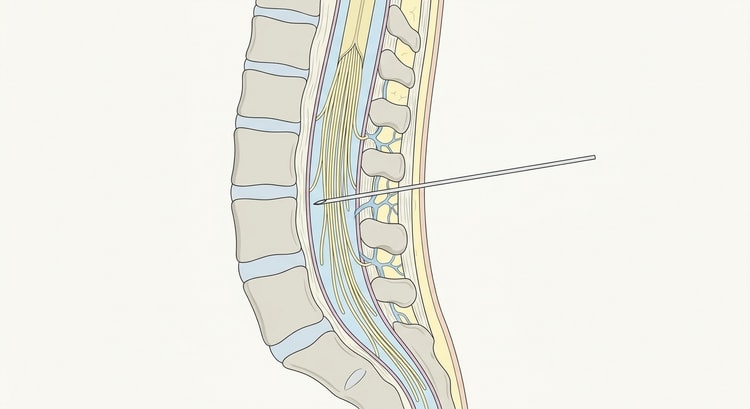 Sagittalsnitt genom lÀndryggen med spinalnÄlen införd mellan tvÄ spinalutskott och spetsen i likvorrummet bland cauda equinas rötter