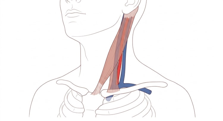 Halsens anatomi framifrÄn med sternocleidomastoideus tvÄ muskelhuvuden och kÀrlen i karotisskidan