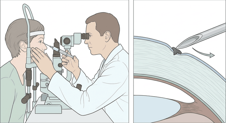 TvÄ delbilder: patient vid spaltlampa dÀr undersökaren för in en kanyl mot ögat med handen stödd mot kinden, samt nÀrbild i genomskÀrning av hornhinnan dÀr kanylspetsen lyfter en inbÀddad partikel tangentiellt